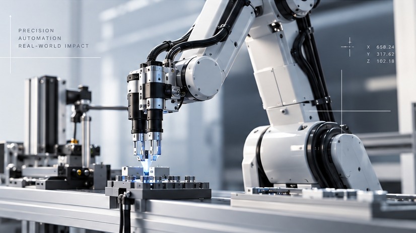 3D visualization of a precision industrial robot operating above a manufacturing fixture